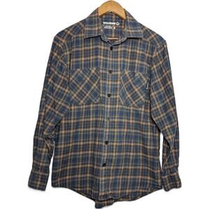 Men's Wolverine Plaid Flannel Button-Down Blue and Brown Shirt Size M